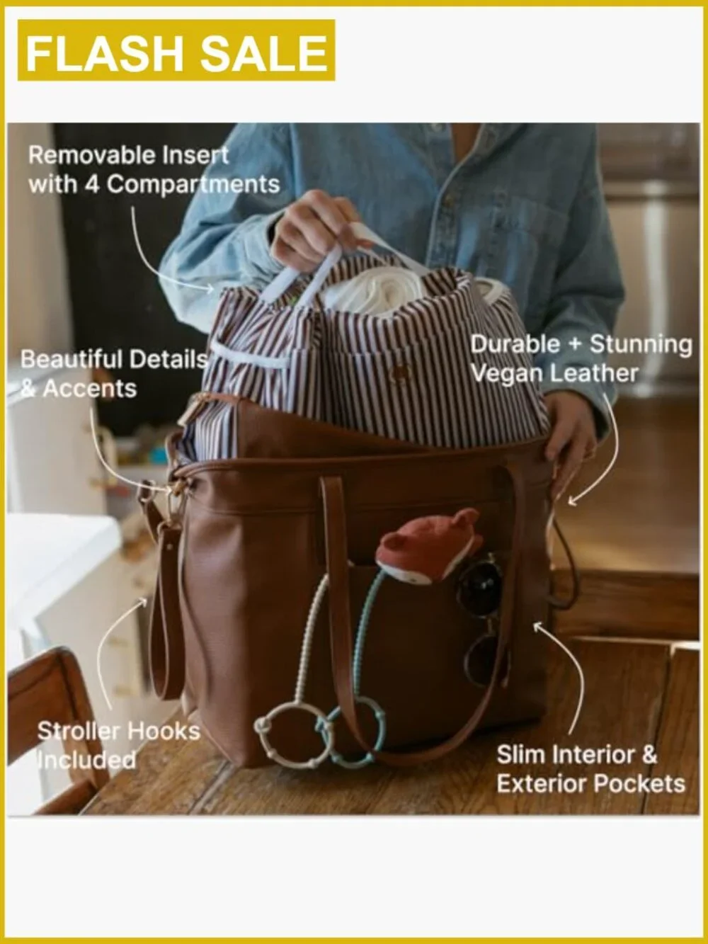 Vegan Leather Tote with Removable Diaper Bag Insert and Changing Pad